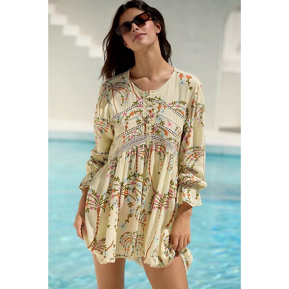 Maaji Womens Floral Palm Print Linen Blend Lace Trim Boho Mini Dress Cream L